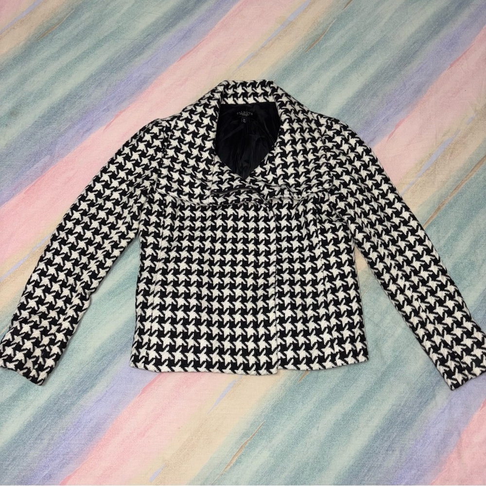 Talbots Houndstooth Oversized Collar Zip Front Size 6 P Blazer